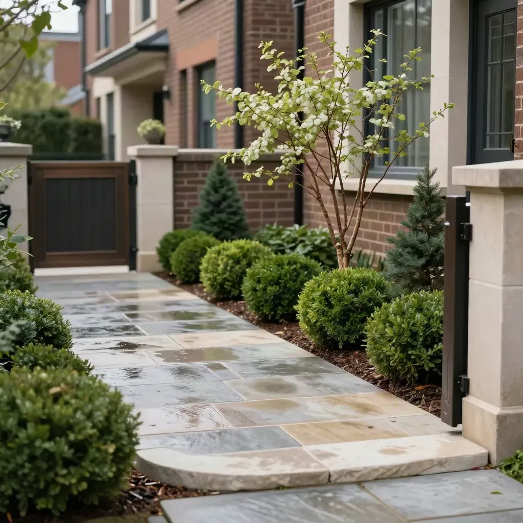 Townhouse front garden with limestone paving, clipped evergreens, and a young amelanchier tree.