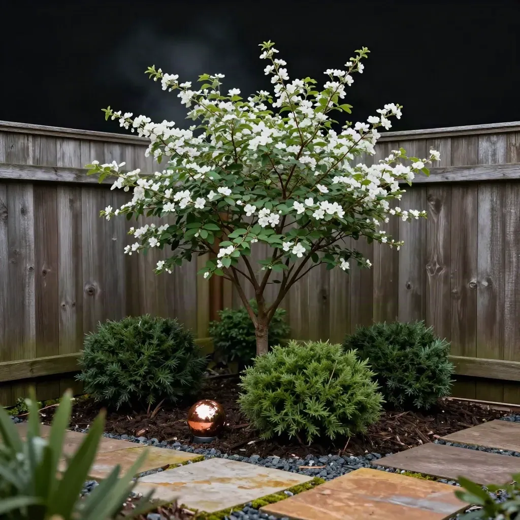 Low-angle serviceberry in a compact urban garden with clipped evergreens and cedar fence.