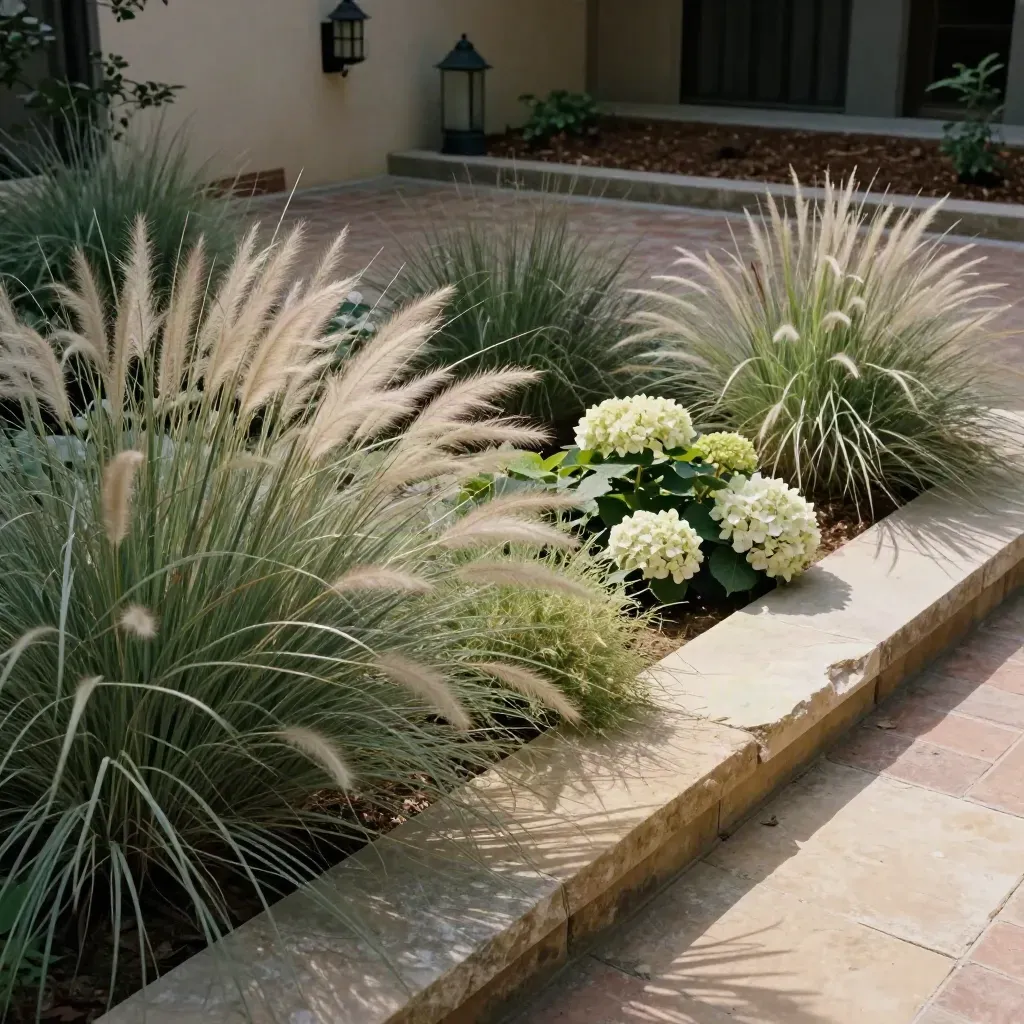 Layered courtyard border with grasses, sedge and pale hydrangea heads beside sandstone edging.