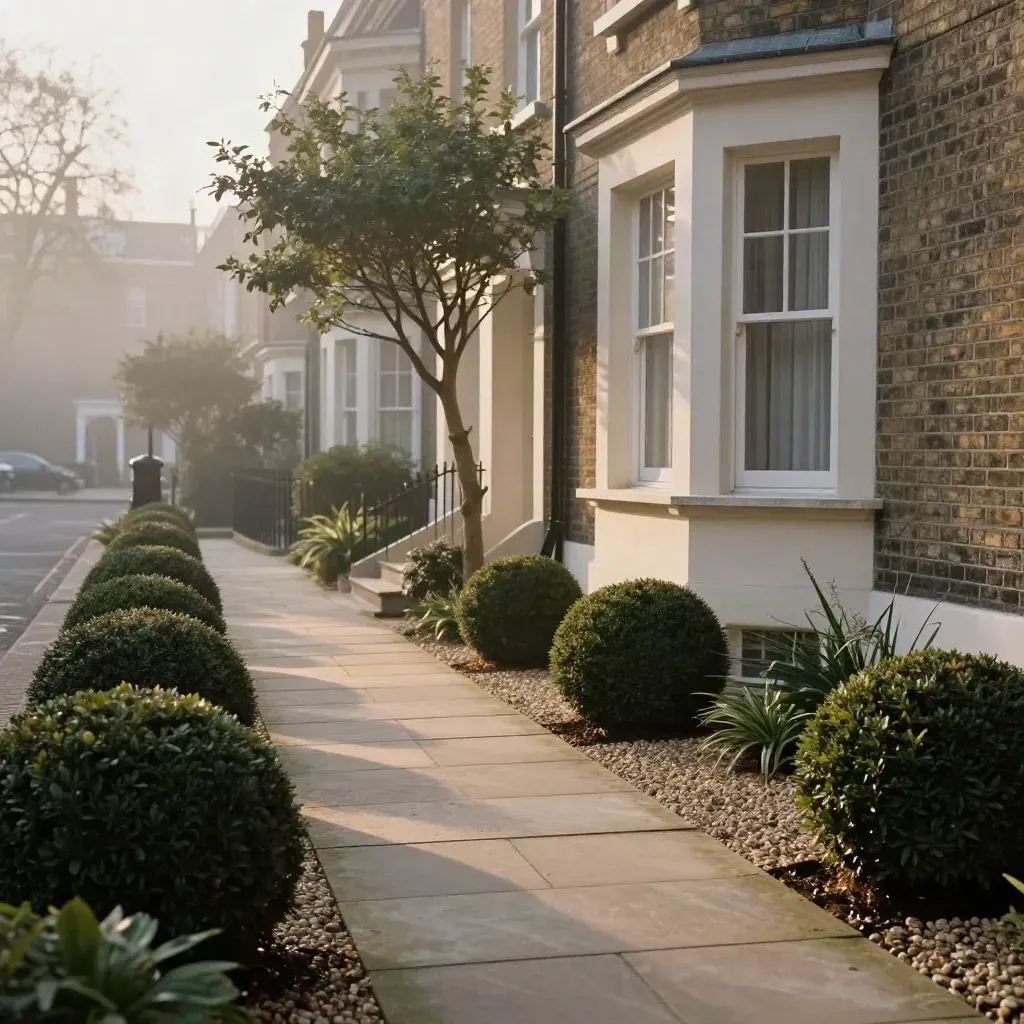 Renovated London front garden with sandstone path, yew spheres and a young tree by a bay window.
