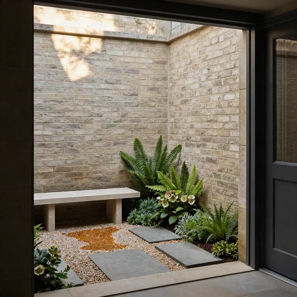 Sheltered brick courtyard with stone bench, gravel patch, and shade planting in soft late-afternoon light.