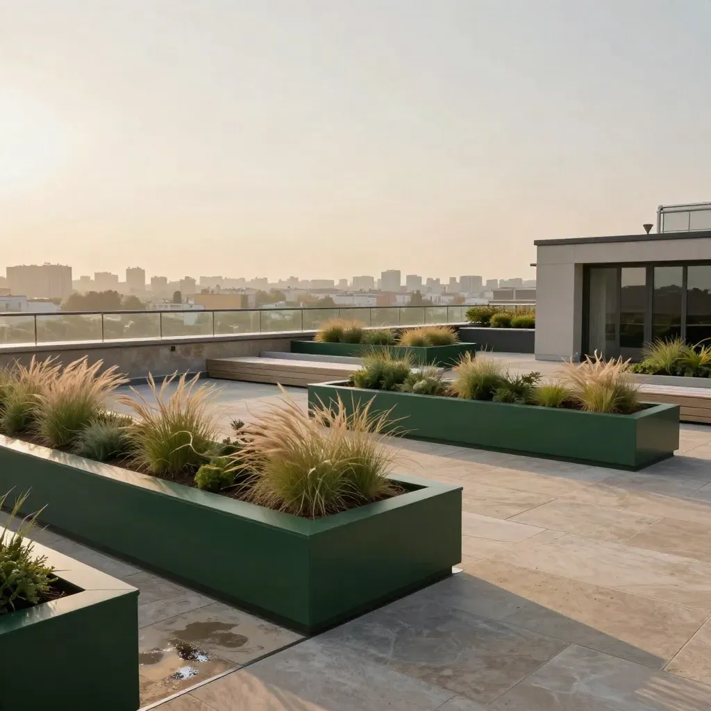 Moody roof terrace with green planters, grasses, stone paving and hazy skyline
