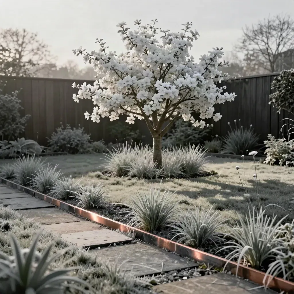 Sculptural crab apple tree rising above meadow planting and slate edging in a narrow back garden.