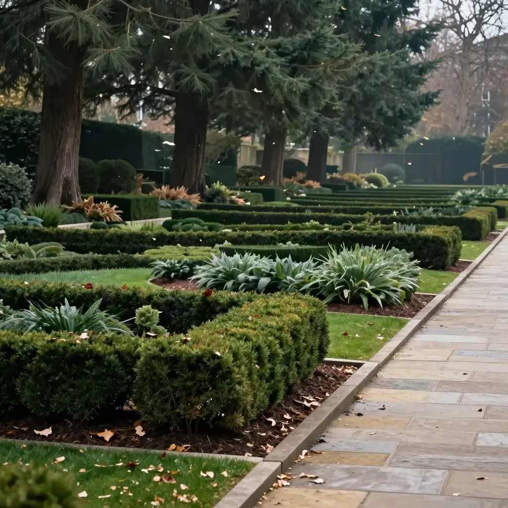 Estate border with clipped evergreens, fresh mulch bands, and drifting leaf litter under mature trees.