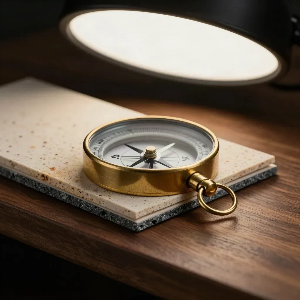 Brass compass with stone sample and material chips on a walnut desk