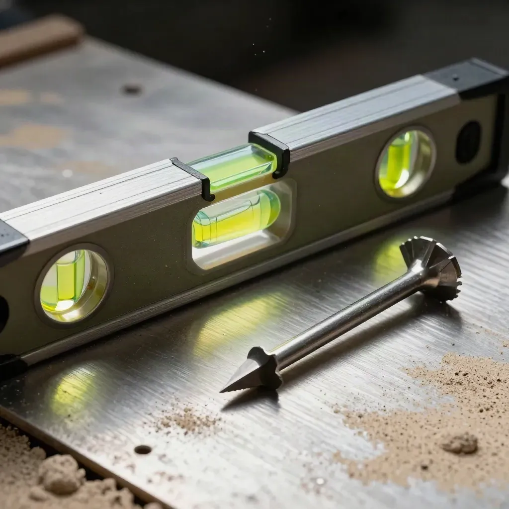 Macro of survey tools on brushed aluminium, raked light, grit, and precise metallic texture.