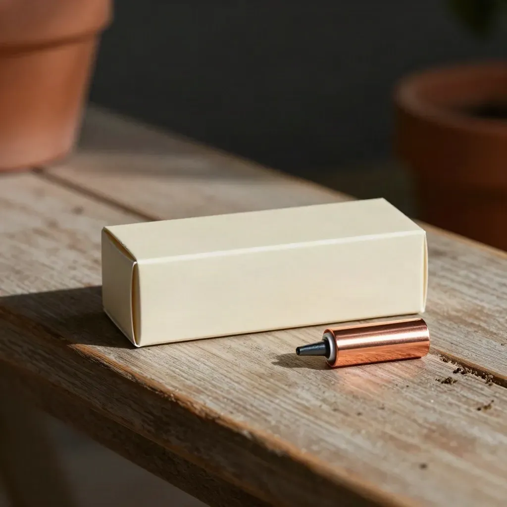 Cream sample box, rolled plan tube and copper edging offcut on a weathered potting bench.