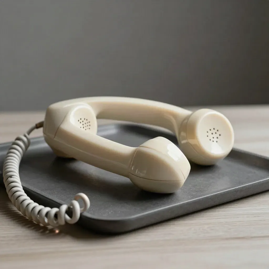 Cream Bakelite handset on graphite tray, coiled cord and copper accent in soft daylight
