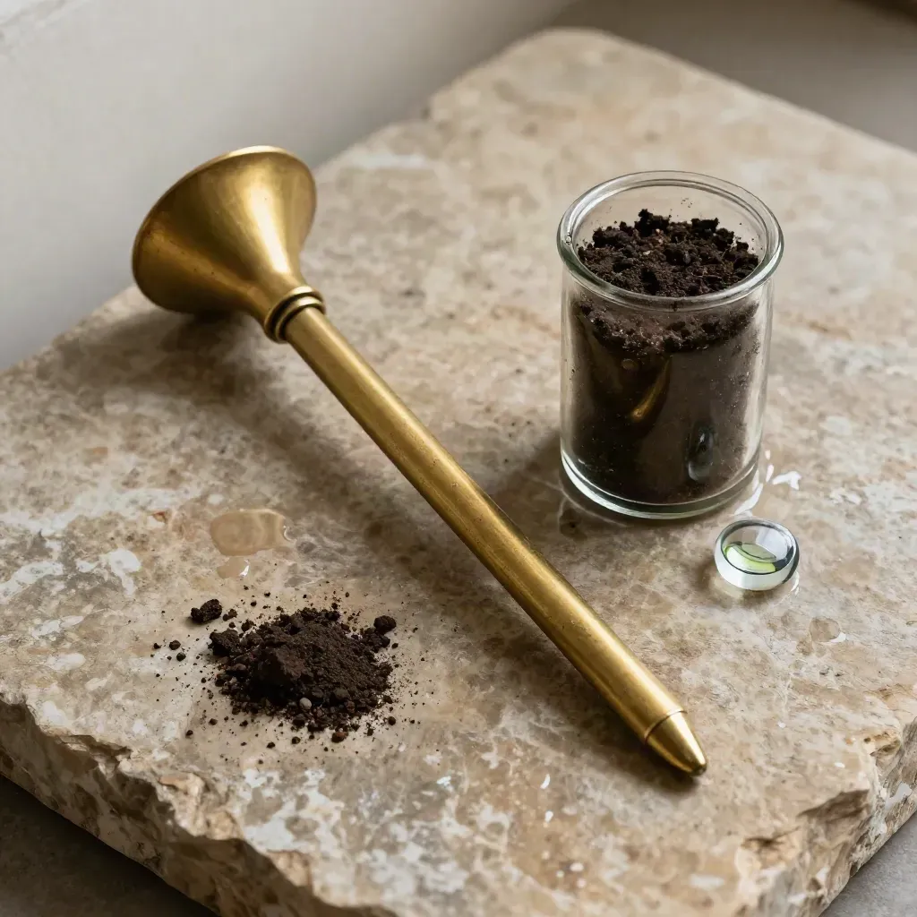 Brass soil probe, bubble level, and soil vial on damp stone, overhead