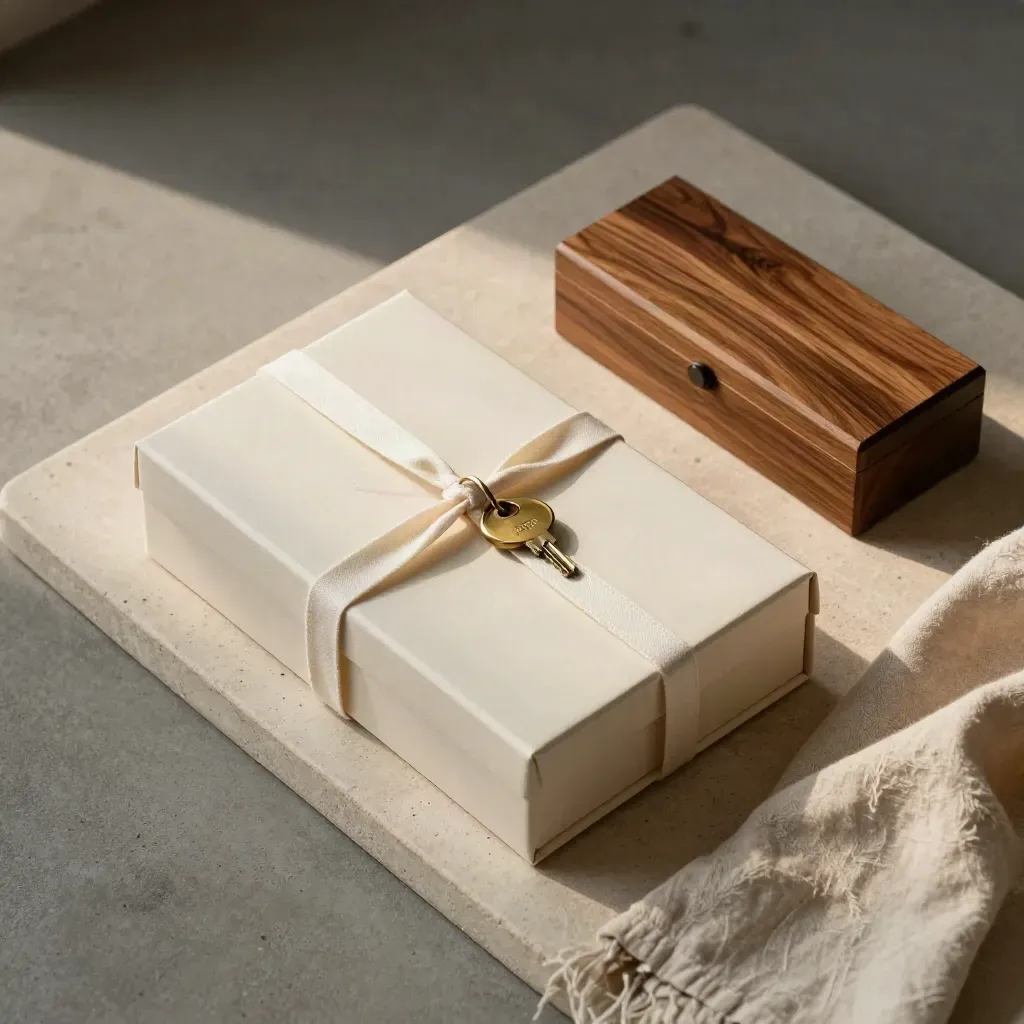 Cream archive box, brass keyring and cedar keepsake box on a stone tray