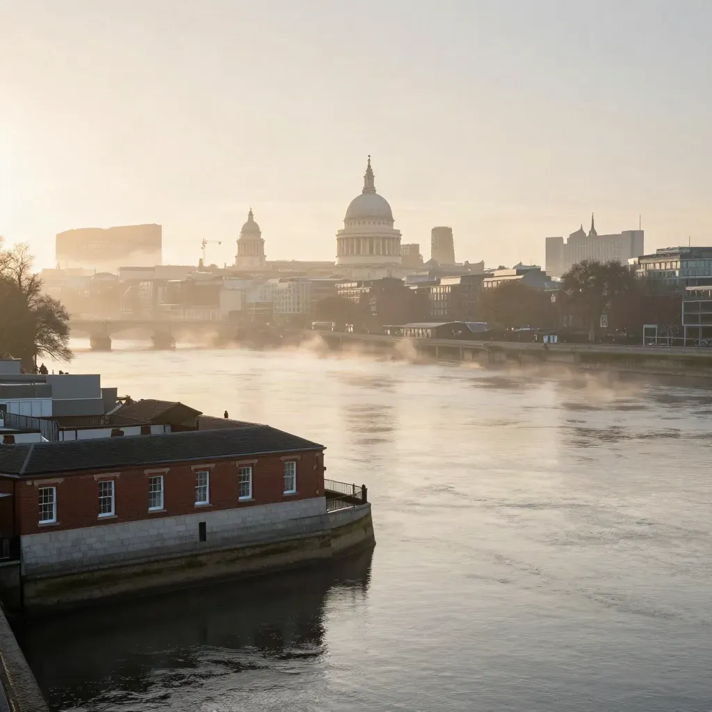 Sunrise Thames panorama with brick roofs, plane trees, dome, and river mist