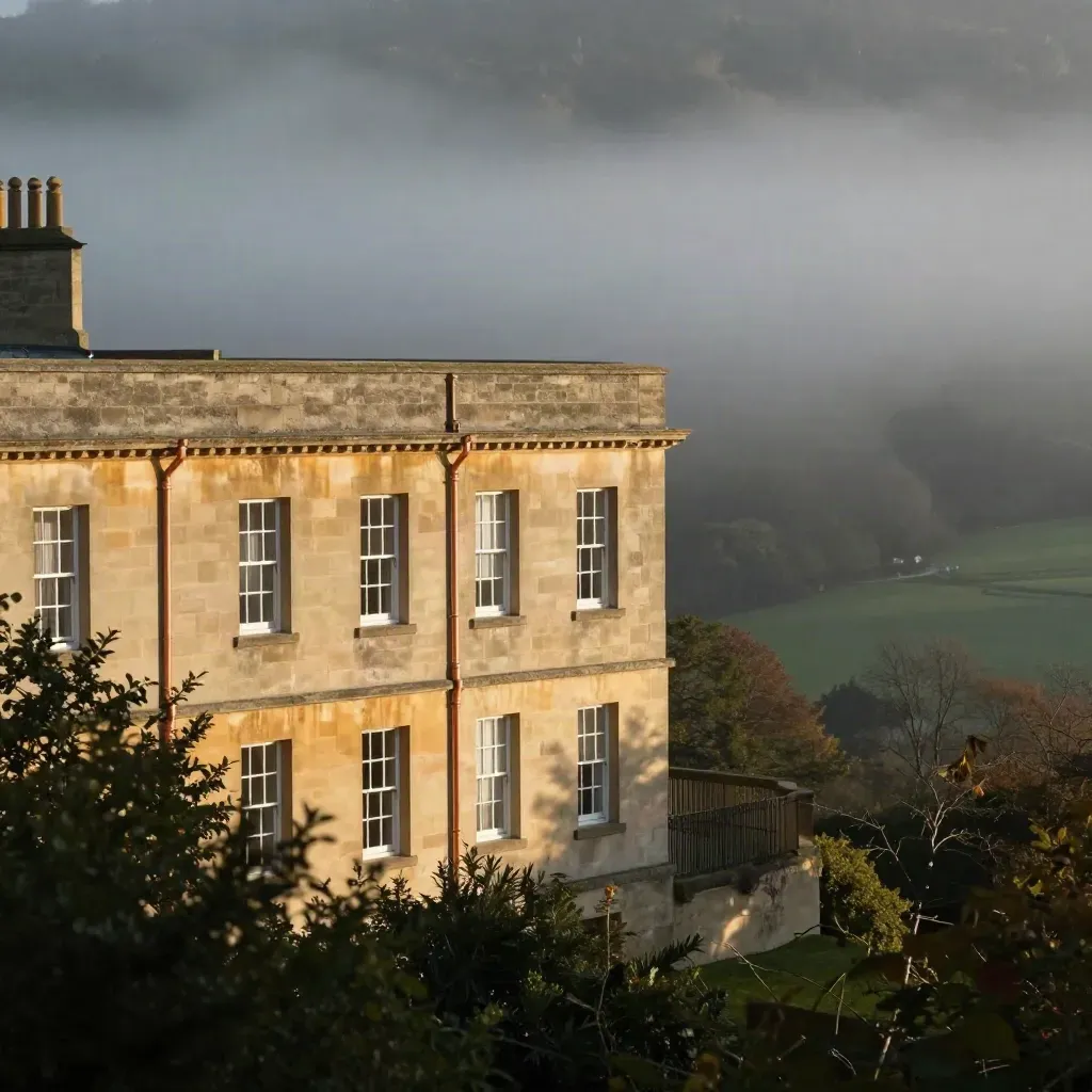 Bath stone terrace above a misty wooded valley at golden hour