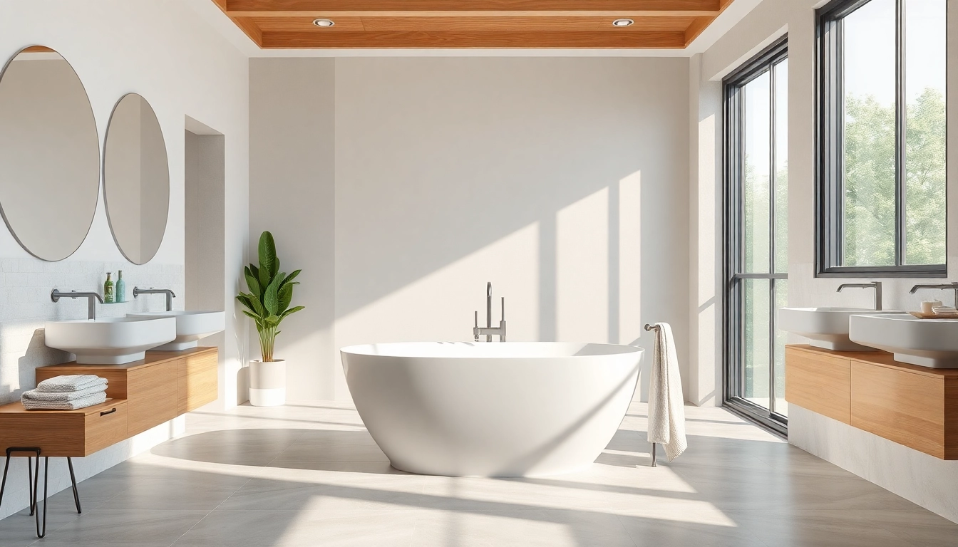 Stunning bathroom remodeling near me showcasing a sleek freestanding tub and elegant design elements.